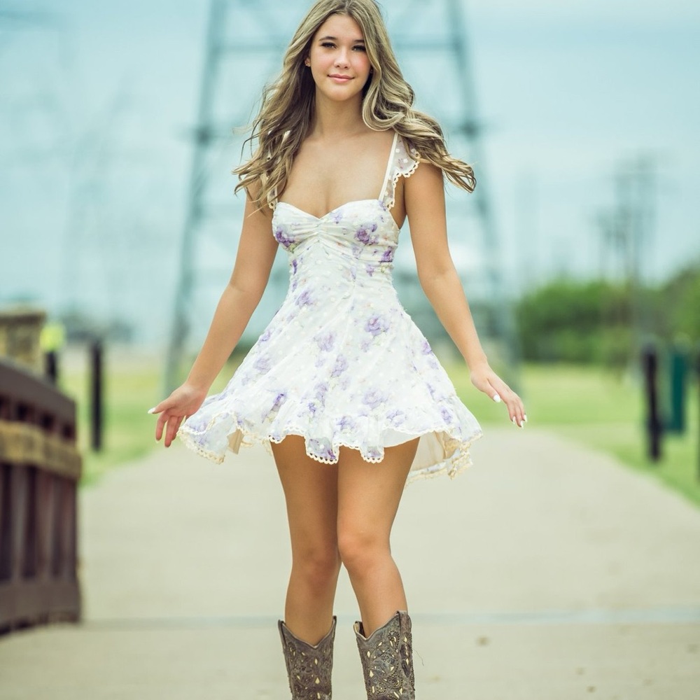 Purple Floral Lace Trim Dress Layered Lace up back small